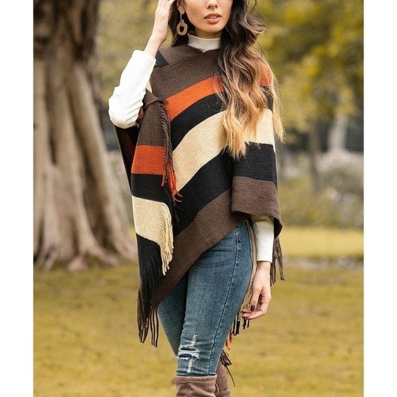 Glam Girl Fashion Sweaters - NWT Black & Orange Stripe Fringe-Hem Poncho
